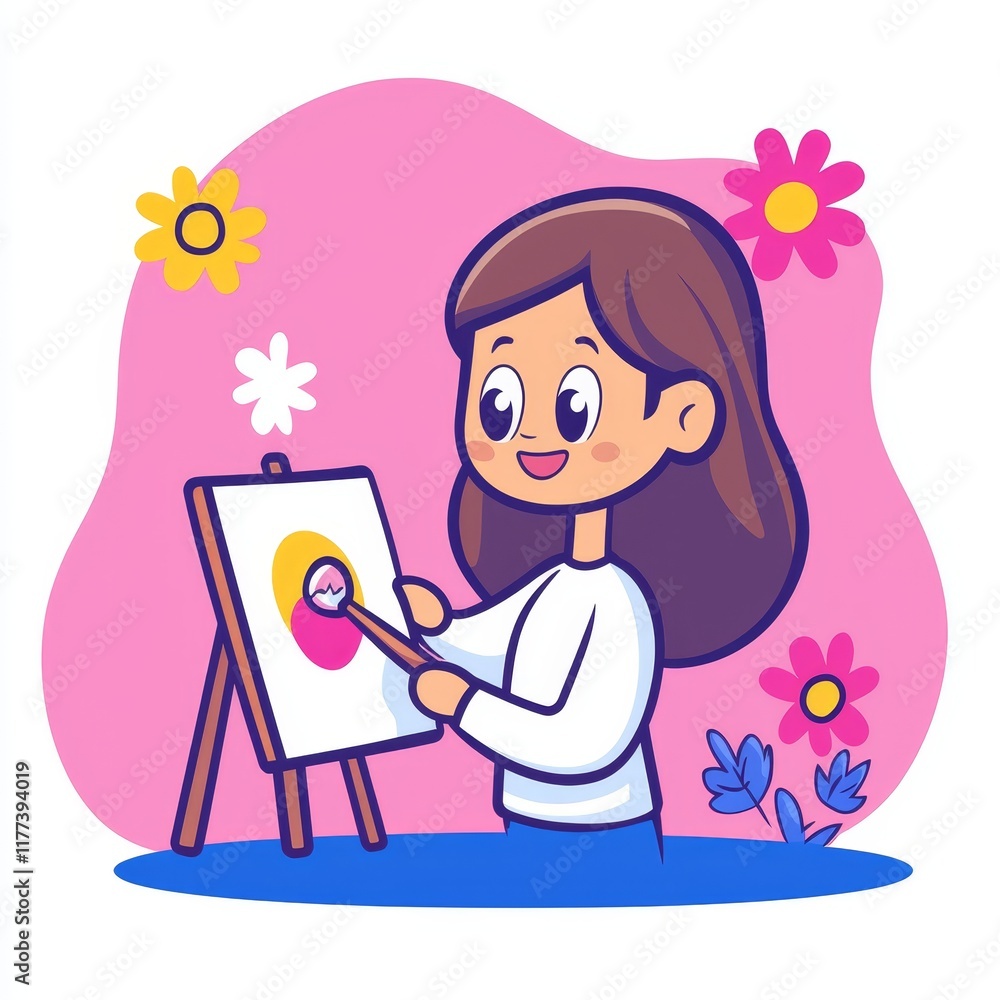 Obraz premium Kawaii Style Flat Vector Illustration of a Woman Painting with Flowers and Bright Colors