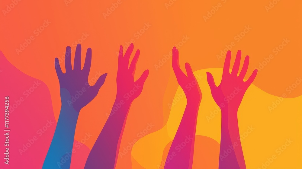Obraz premium Minimalist Illustration of Hands Raised in Celebration with Vibrant Color Background