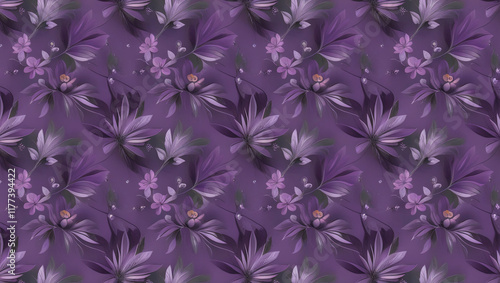 Abstract decorative floral and leaf pattern in purple