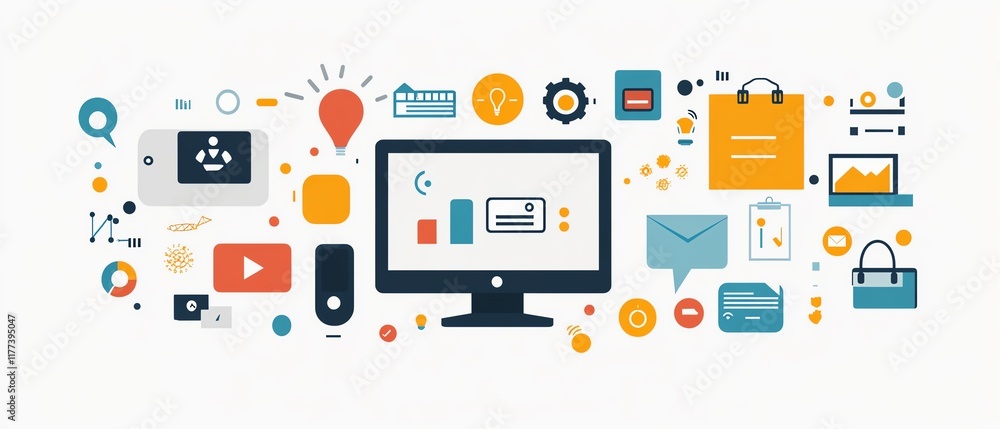 A flat lay design featuring a digital device screen, work tools, and business idea elements, placed on a clean white desk background A flat lay design featuring a digital device screen, work tools, and business idea elements, placed on a clean white desk background