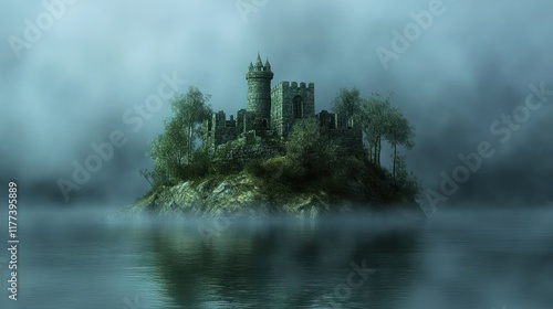 Misty island castle, serene, ancient, medieval, isolated, foggy, ominous, mysterious,  towering, stone, ruins, fortress, tranquil, quiet, green,  nature,  water, reflection,  landscape,  fantasy,  dra photo