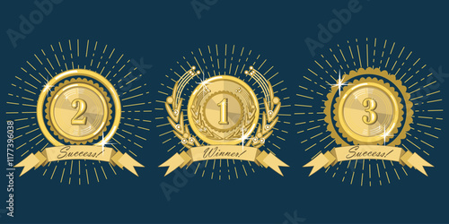 Three gold medals with numbers 1, 2 and 3, and ribbons with inscriptions and diverging rays. Dark blue background. Vector set