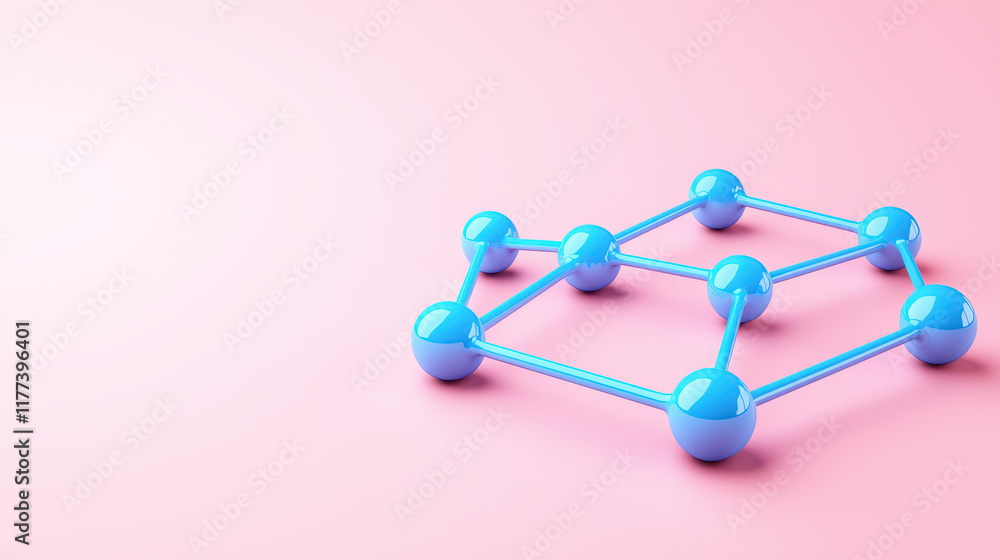 Obraz premium Minimal 3D blue molecular structure on pastel pink background