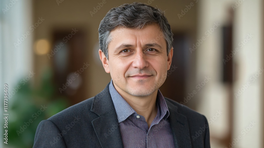 Obraz premium Professional Portrait of Mature Man with Short Hair and Confident Expression Indoors