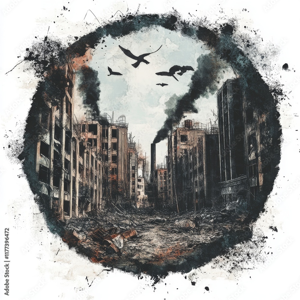 Naklejka premium Destroyed City Digital Illustration Industrial Ruins Post Apocalyptic Abandoned