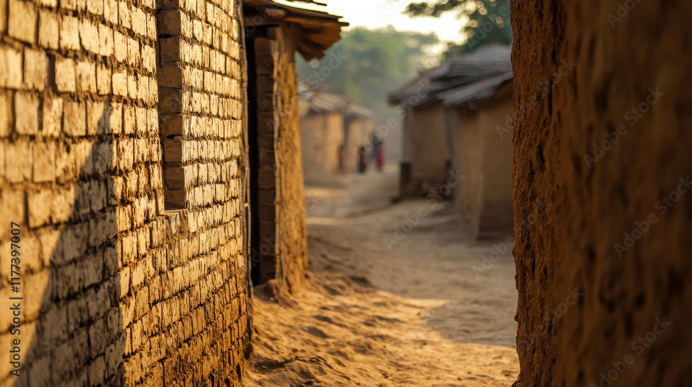 Obraz premium Quaint Village Built From Sun-Dried Clay Surrounded by Dusty Pathways and Nature