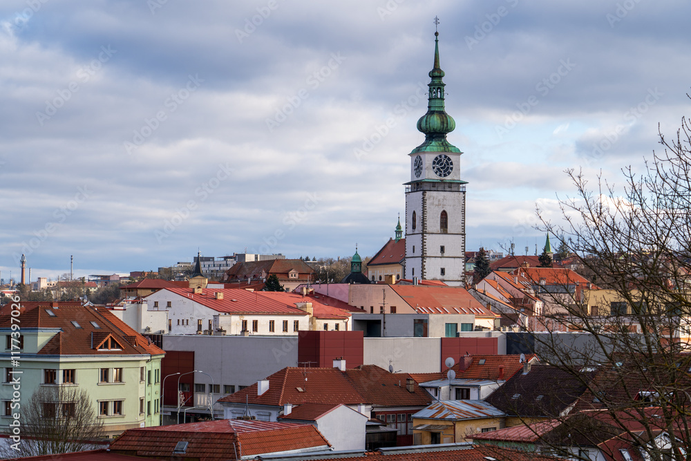 Fototapeta premium Trebic, Czech Republic - January 4, 2025: Cityscape. View of the Church of St. Martin.
