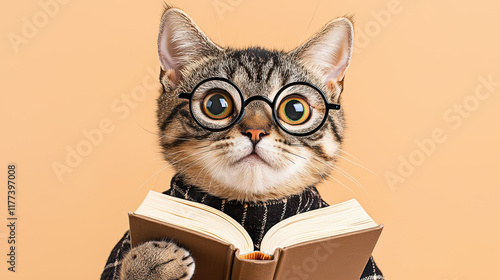 Cat wearing glasses and sweater holds book, looking studious