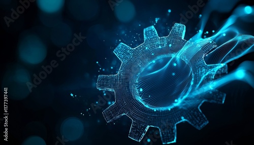 A glowing blue gear surrounded by digital particles, symbolizing technology, innovation, and mechanical efficiency.