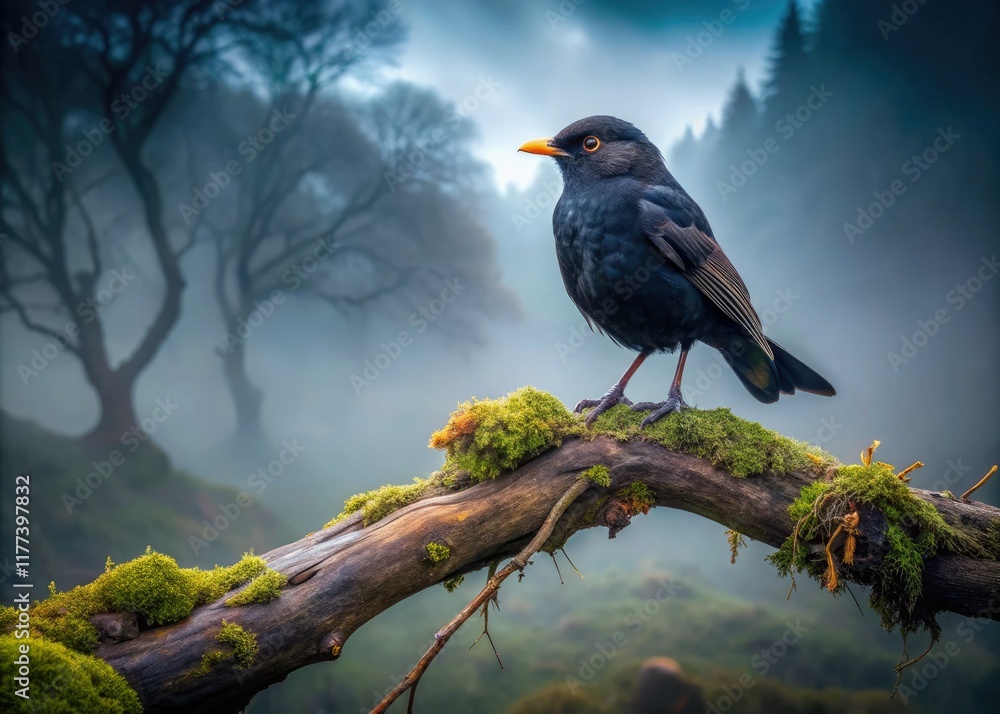 Fototapeta premium Enigmatic black bird perched high, shrouded in mystical foggy treetops.