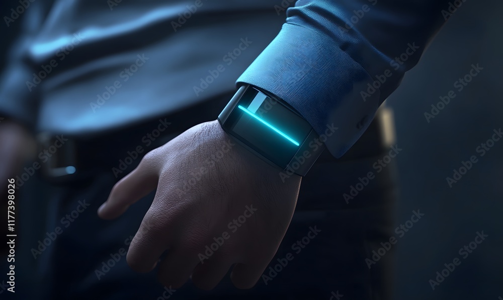 Futuristic smartwatch on a man's wrist, glowing blue line. Futuristic smartwatch on a man's wrist, glowing blue line.