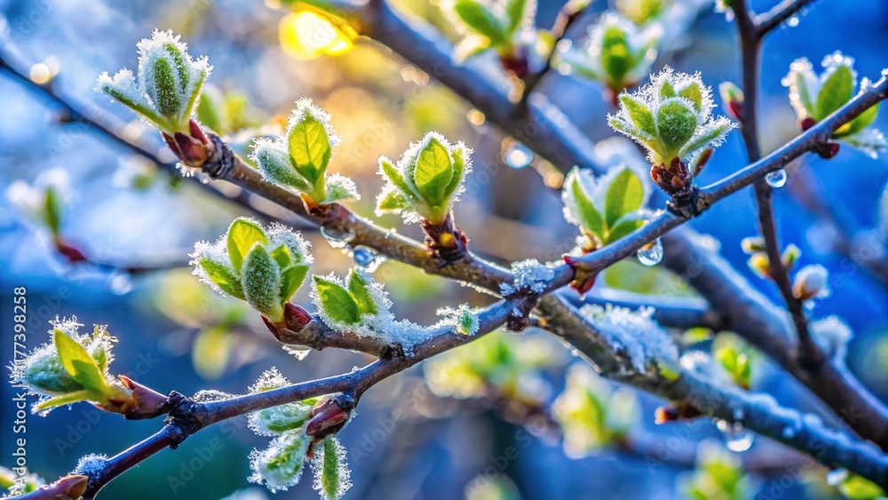 Tree branches with frost and budding leaves show signs of winter and spring icy crystals cling to branches while fresh green buds emerge symbolizing seasonal transition. Tree branches with frost and budding leaves show signs of winter and spring icy crystals cling to branches while fresh green buds emerge symbolizing seasonal transition.