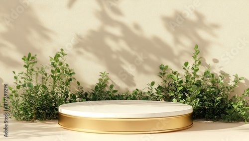 3D Rendering of Empty White Podium with Golden Base and Green Plants on Beige Background. Minimalistic Round Stage Mock-Up for Product Presentation.