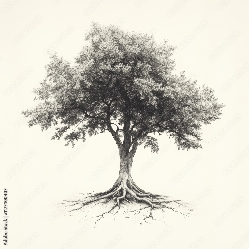 Fototapeta premium Tree with exposed roots and a lush canopy thriving in a serene natural setting during daylight hours