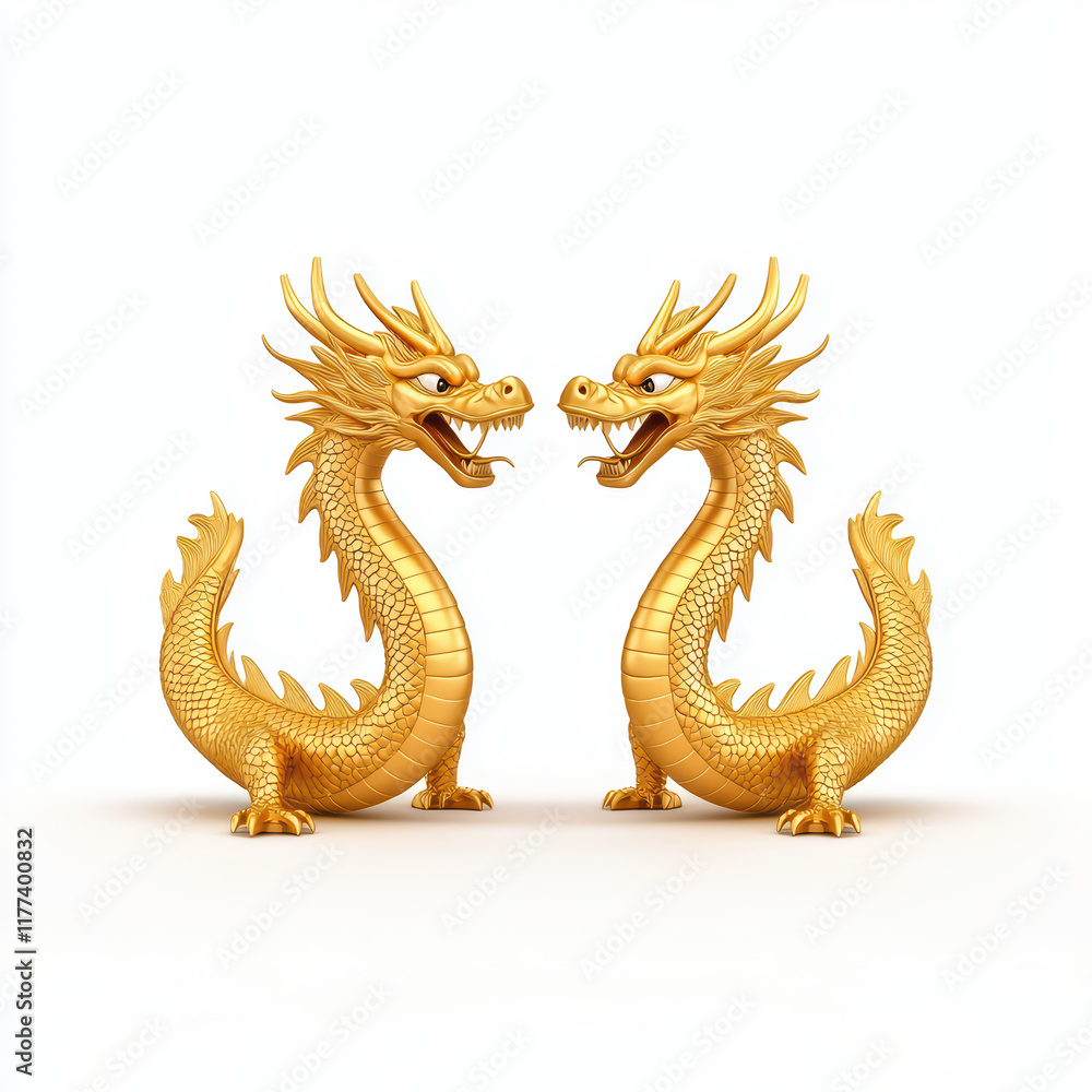 Obraz premium Pair of golden dragon figurines with intricate details and fierce expressions
