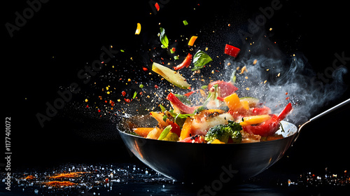 vibrant stir fry with colorful vegetables and spices flying in wok, showcasing culinary action and creativity