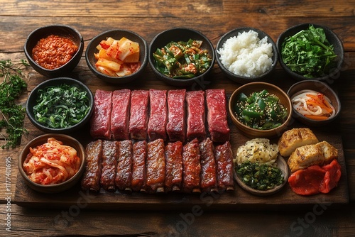 authentic korean bbq feast with sizzling marinated short ribs, colorful banchan side dishes, and traditional stone bowl setup on rustic wooden table photo