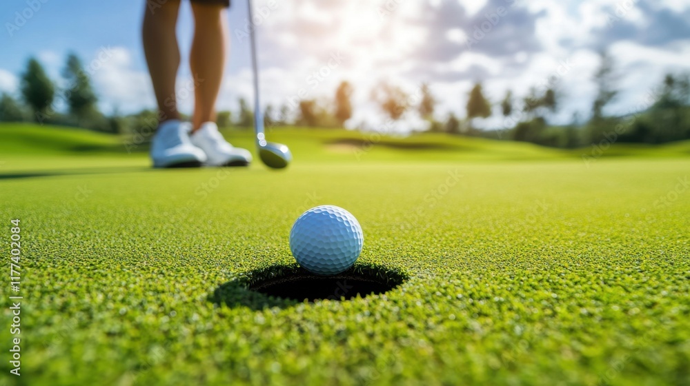 Obraz premium Golfer About to Sink a Putt on a Sunny Day at a Lush Green Golf Course