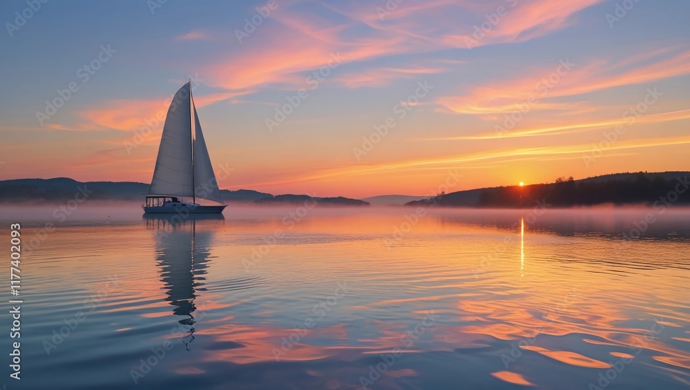 Fototapeta premium Sailboat on a Serene Lake at Sunset - Peaceful Nature Scene