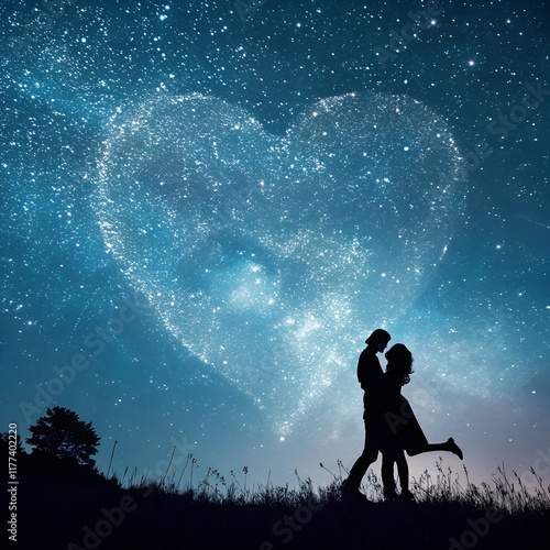 Heart of stars in the night sky: stars form a huge heart in the dark blue sky, below you can see the silhouette of two people embracing under this celestial spectacle.