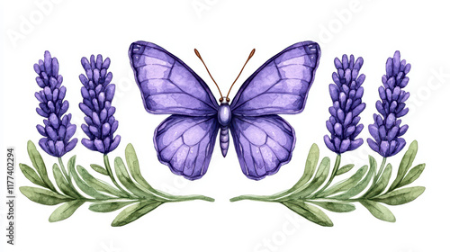 Delicate purple butterfly with lavender flowers and green leaves
