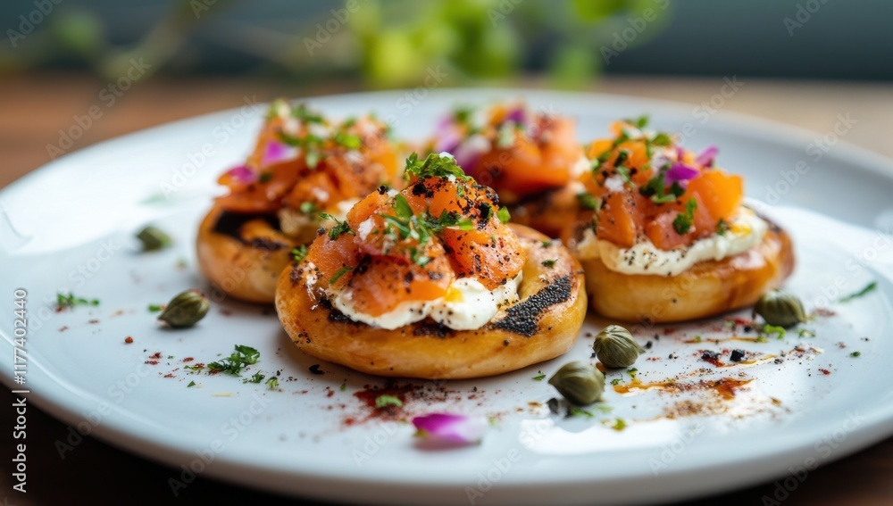 Gourmet Smoked Salmon Bites on Toasted Bagels with Cream Cheese, Capers, and Herbs: A Culinary Delight Gourmet Smoked Salmon Bites on Toasted Bagels with Cream Cheese, Capers, and Herbs: A Culinary Delight