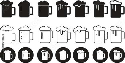 Depiction of frothy beer mug icon set isolated on transparent background. Ideal for pubs, breweries, and beer enthusiasts seeking vintage charm black flat and line vector collection drink glass symbol