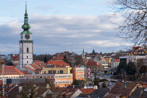 Trebic, Czech Republic - January 4, 2025: Cityscape. View of the Church of St. Martin.