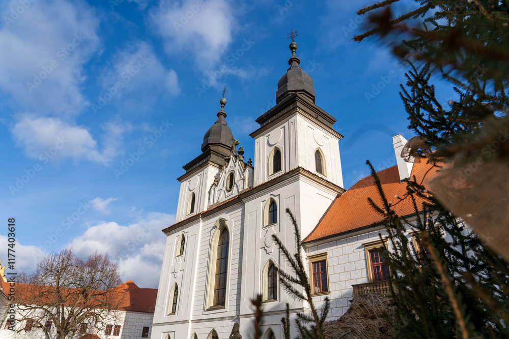 Trebic, Czech Republic - January 4, 2025: Cityscape of the city. View of the Basilica of St. Procopius Trebic, Czech Republic - January 4, 2025: Cityscape of the city. View of the Basilica of St. Procopius