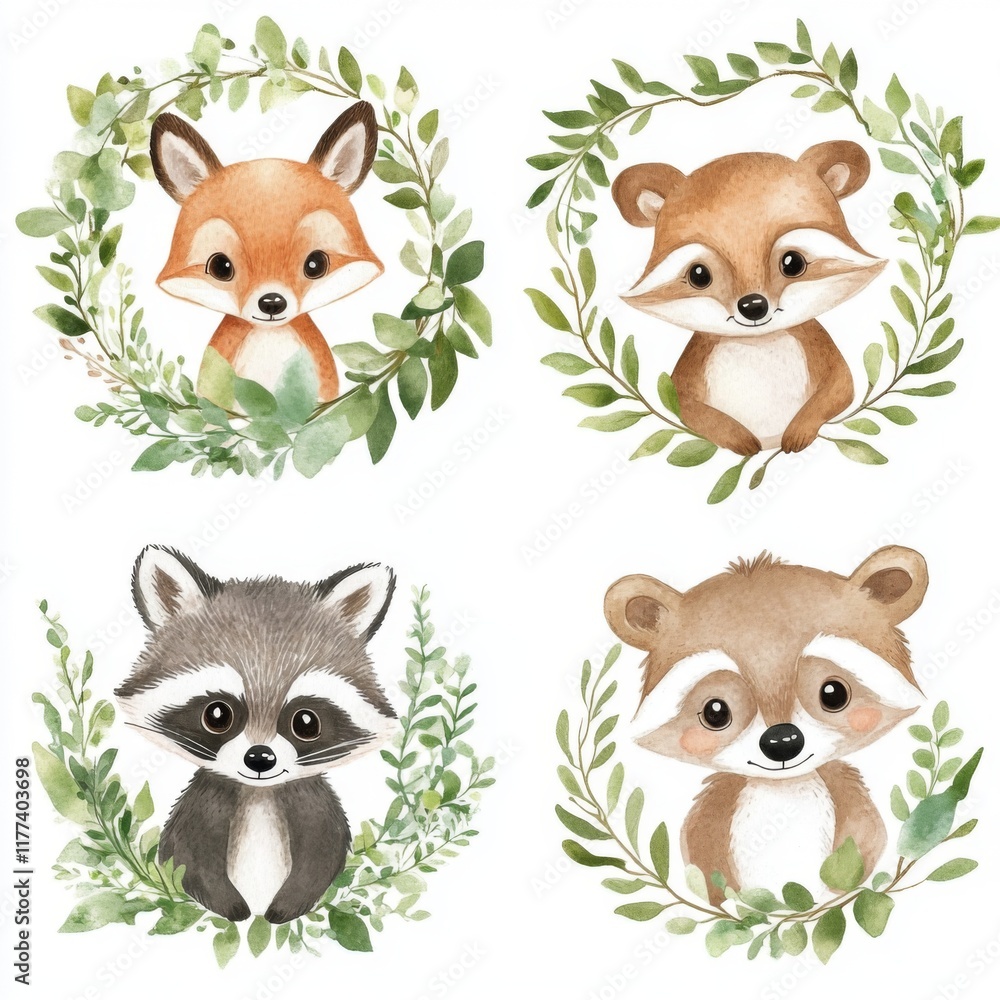 Obraz premium 4 Cute Woodland Animals in Watercolor Wreath Arrangement on White Background. Clip Art Style with Pastel Colors.