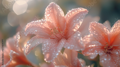 Close-up photograph of dew-covered flowers in the morning light, highlighting the delicate beauty of nature  photo