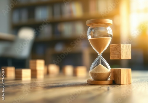 Time Management Concept: Hourglass and Wooden Blocks on Desk, Business and Planning Theme photo