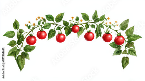 Fresh ripe tomatoes on vine with green leaves and flowers