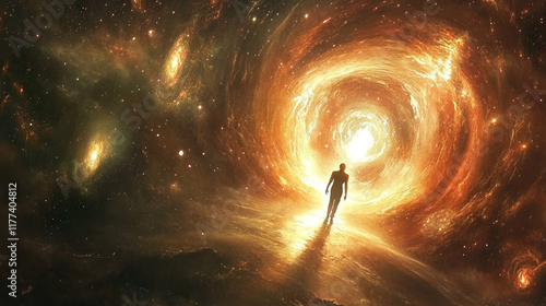 A dramatic scene of a person stepping through a shimmering portal in the universe, with a backdrop of swirling galaxies and celestial bodies, symbolizing the journey to the unknown