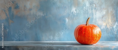 orange pumpkin on gray surface with blue painted background photo