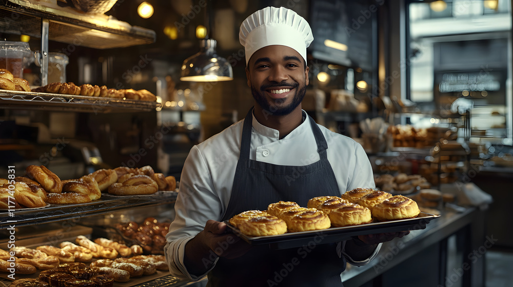 smiling pastry chef holds tray of freshly baked pastries in bakery. warm atmosphere and delicious treats create joyful scene smiling pastry chef holds tray of freshly baked pastries in bakery. warm atmosphere and delicious treats create joyful scene