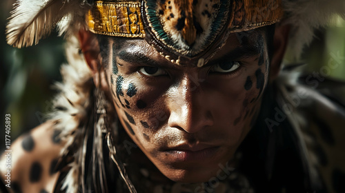 Aztec jaguar warrior in feathered armor with an intense and fearless gaze, symbolizing power and honor, ideal for historical campaigns or cultural visuals photo