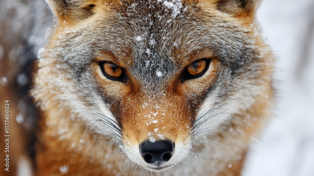 Obraz premium close up of a coyote in winter with snow on its fur