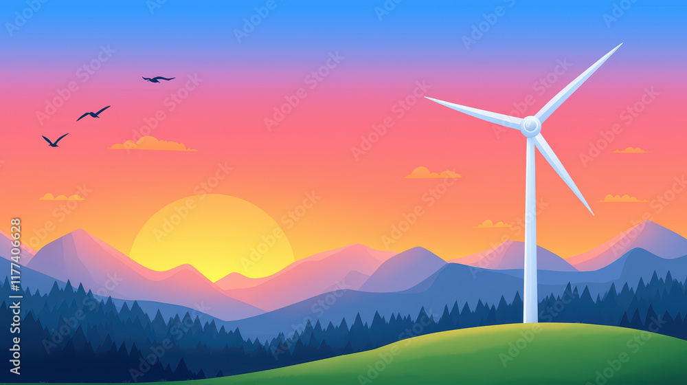 Fototapeta premium Serene landscape featuring wind turbine at sunset with mountains