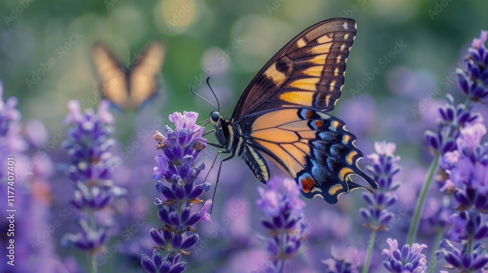 Butterfly Resting on Lavender Flowers at Sunset, Macro Shot. Butterfly Resting on Lavender Flowers at Sunset, Macro Shot.
