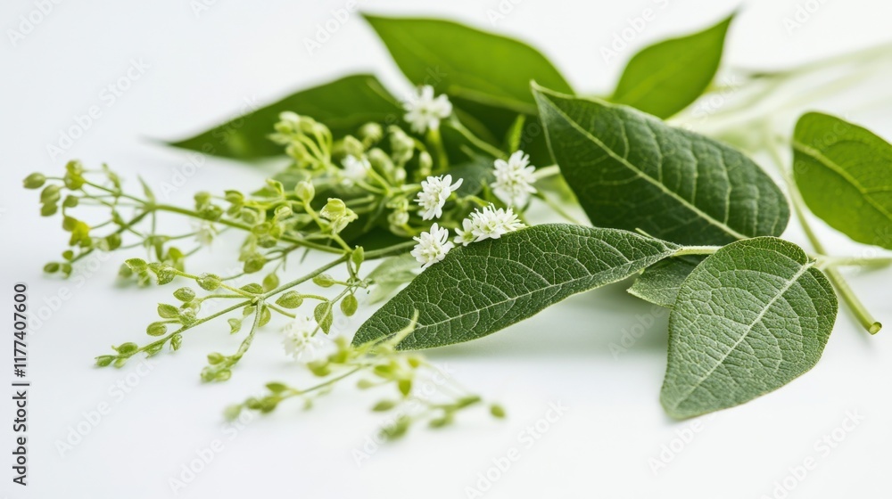 fresh herbs and leaves on a white background