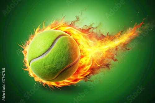 Fiery Tennis Ball Exploding Through Green Field - Dynamic Sports Background photo