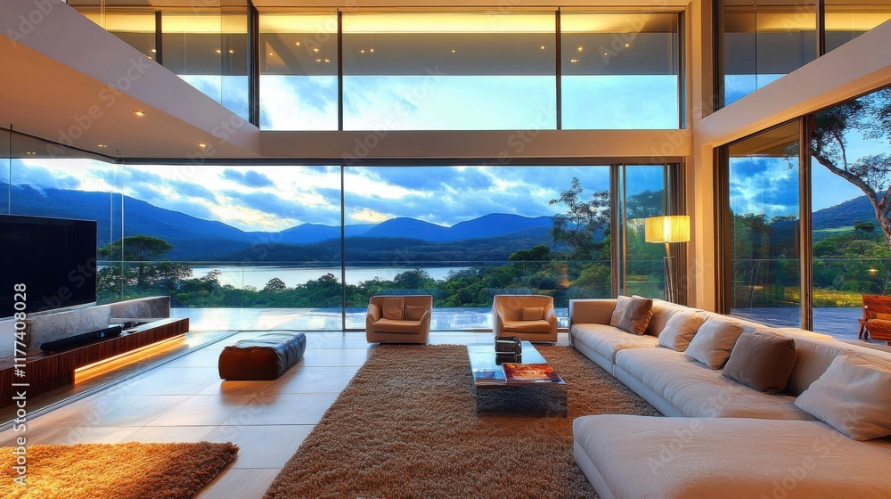 Fototapeta premium Luxury Lakeside Living Room with Panoramic Mountain Views Stunning Modern Home Design