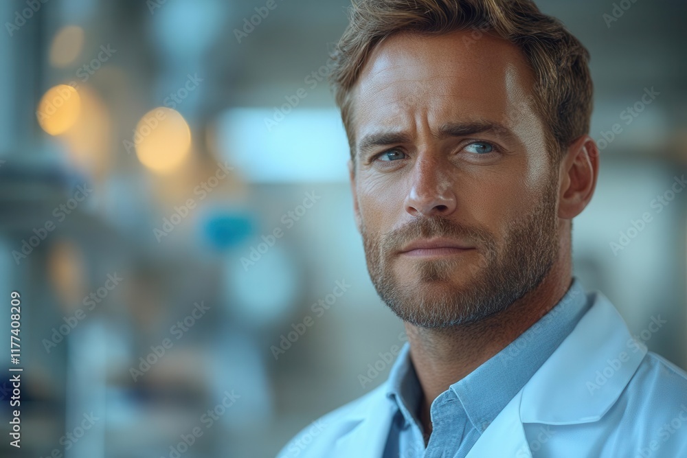 contemplative young male healthcare professional in white coat looking thoughtfully into distance while standing in modern medical facility with soft natural light contemplative young male healthcare professional in white coat looking thoughtfully into distance while standing in modern medical facility with soft natural light