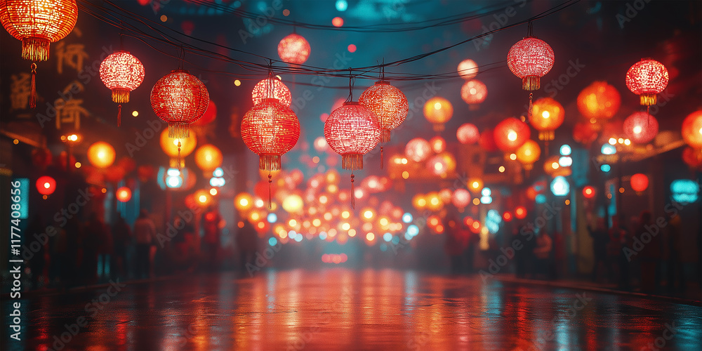 Lantern Street Symphony: Red Glow and Vibrant Lights in Urban Festivity Lantern Street Symphony: Red Glow and Vibrant Lights in Urban Festivity