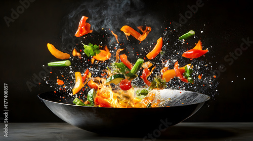 vibrant wok filled with colorful vegetables in mid action, creating dynamic cooking scene photo