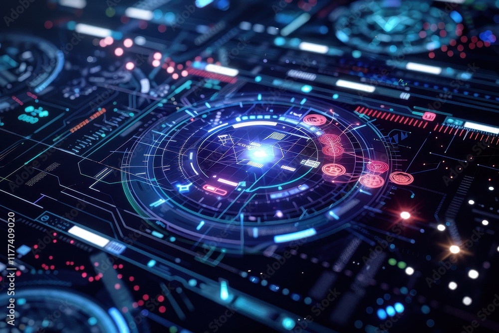 Abstract Futuristic Interface with Glowing Blue and Red Circles Abstract Futuristic Interface with Glowing Blue and Red Circles