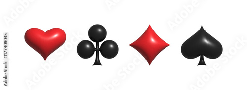 3D Playing cards suit. Volume 3d icons of playing card suits - spade, diamond, club and heart. Design for casino, poker or gaming websites and applications. Vector.