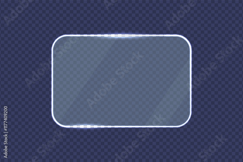 Glass plate with neon frame. Neon glass frame with gleams and light reflections. Luminous rectangle acrylic or plexiglass plate on transparent background. Vector.