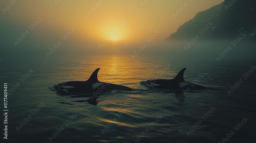 Fototapeta premium Breathtaking Orcas Surfacing in Unison During a Chilly Northern Sea Journey Showcasing Their Graceful Unity and Cooperative Movement